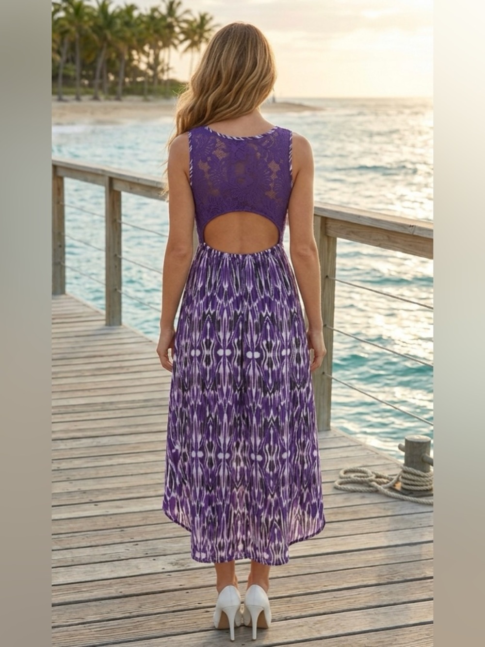 Express High-Low Maxi Dress Purple Ikat Print Lace Back Cutout V-Neck Size M - Picture 4 of 14